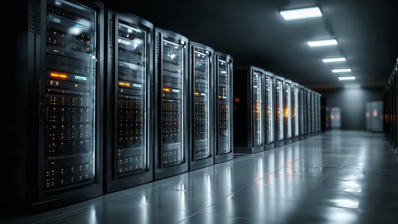A Modern Data Center with Rows of High-Tech Server Racks Illuminated by LED Lighting, Showcasing Advanced Computing Infrastructure in a Sleek Environment