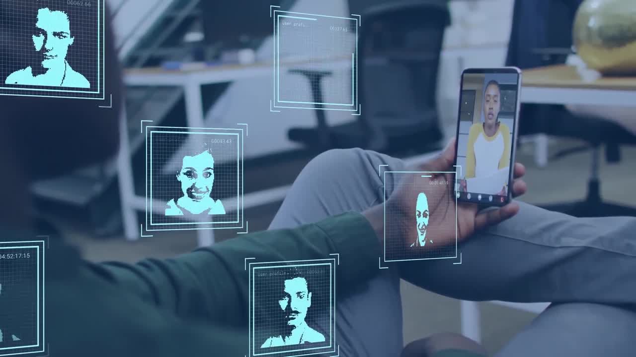 animación de iconos financieros sobre hombres afroamericanos que usan teléfonos inteligentes