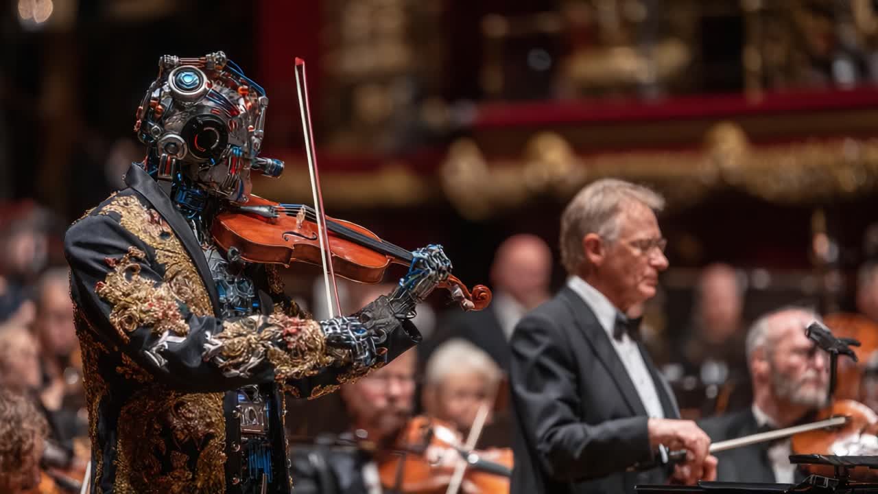 A Robotic Virtuoso: An Advanced Mechanical Performer Captivates the Orchestra with Elegant Violin Mastery, Melding Technology and Artistry in a Stunning Performance