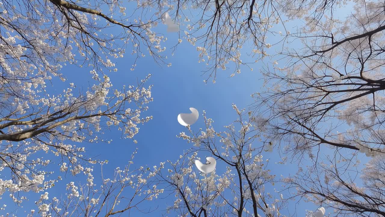Drifting white petals detaching from branches by light breeze, moving across blue sky from ground