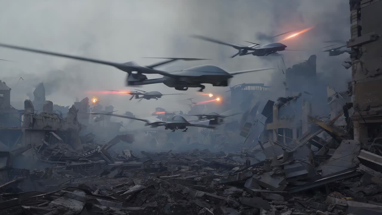 Drones in a Destroyed City Landscape