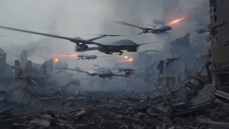 drones in a destroyed city landscape
