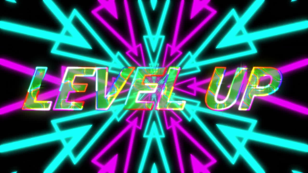 Level up text animation over neon arrows on black background
