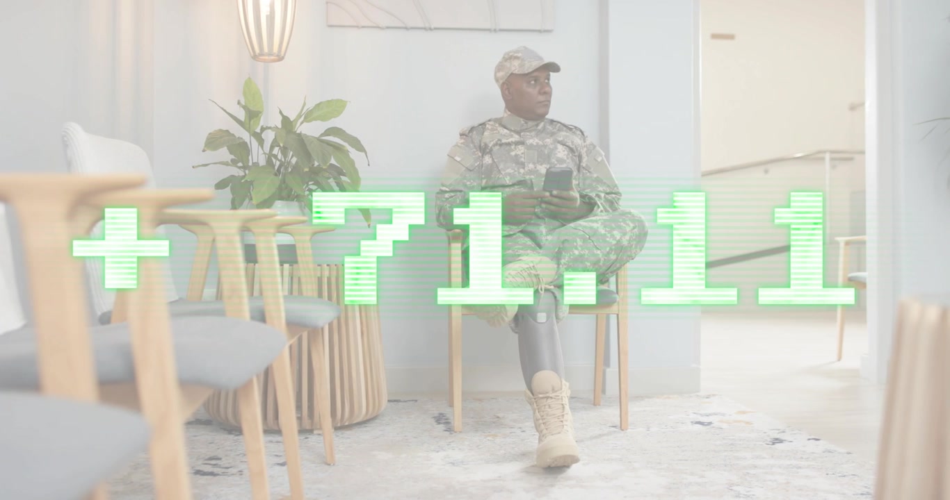 Soldier monitoring data by tapping smartphone while green overlay updating metrics for technology