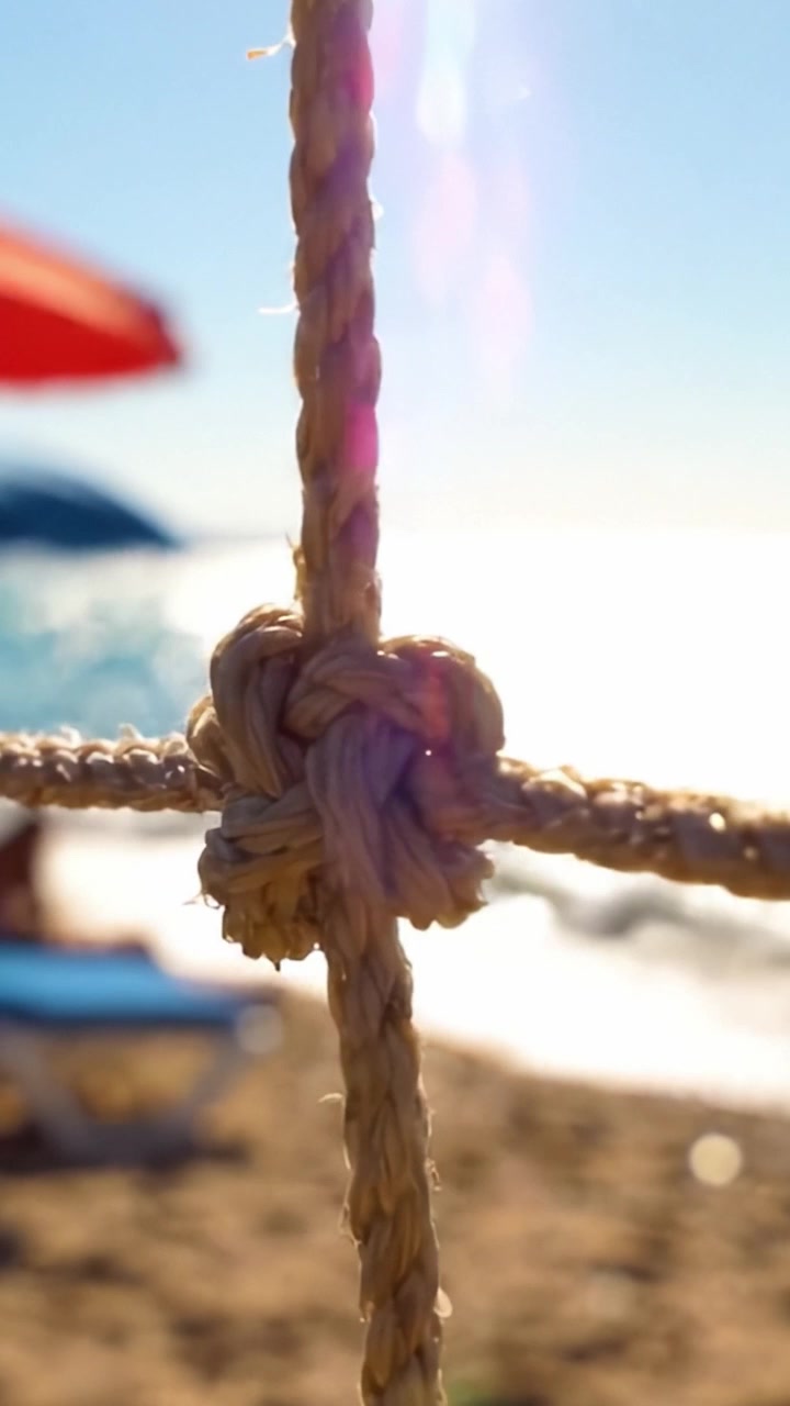 Primo piano di un nodo da spiaggia: catturare le complessità di una corda annodata sulla riva con uno sfondo di acqua scintillante e ombrelloni colorati.