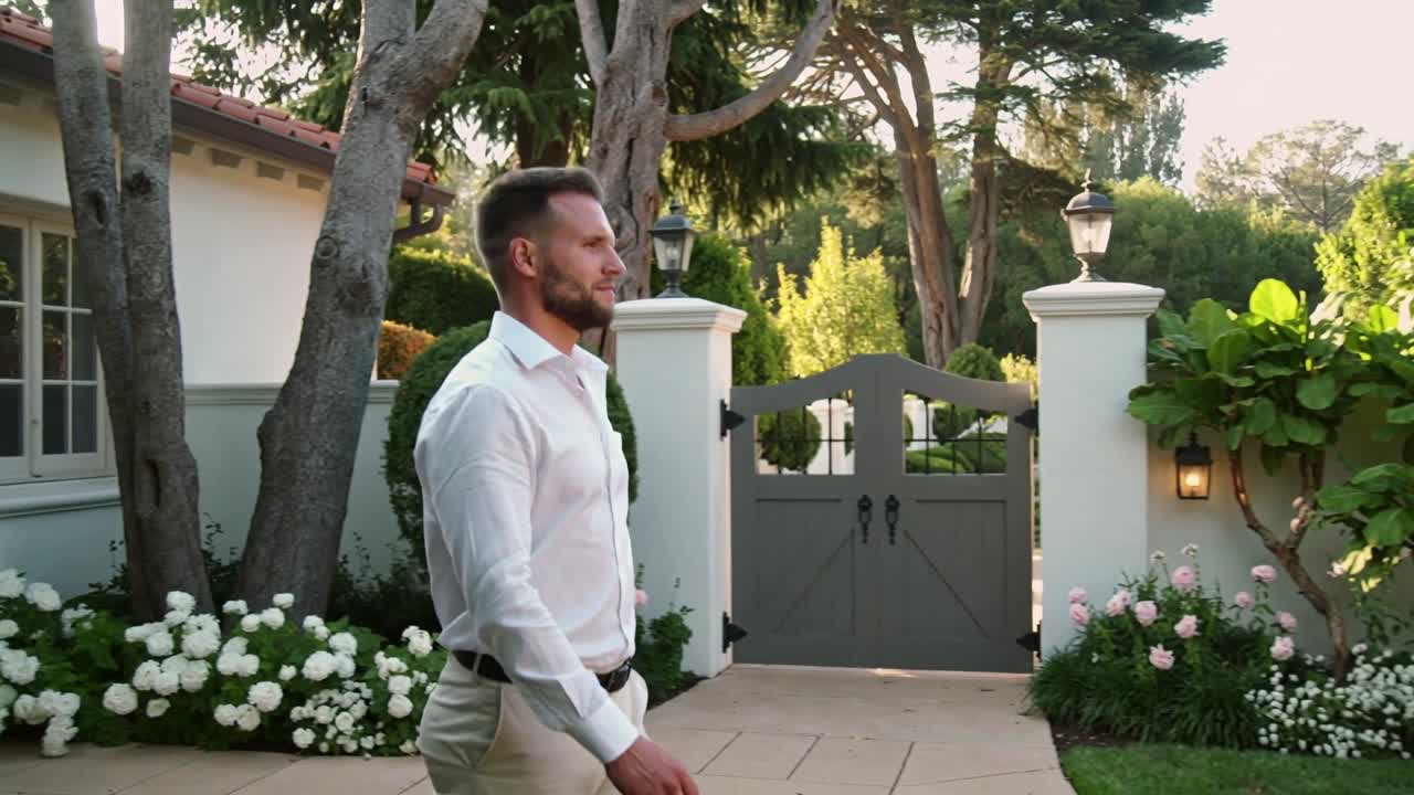 Uomo in camicia bianca che entra, camminando lungo il sentiero del giardino anteriore verso un cancello di legno grigio, diretto a casa.