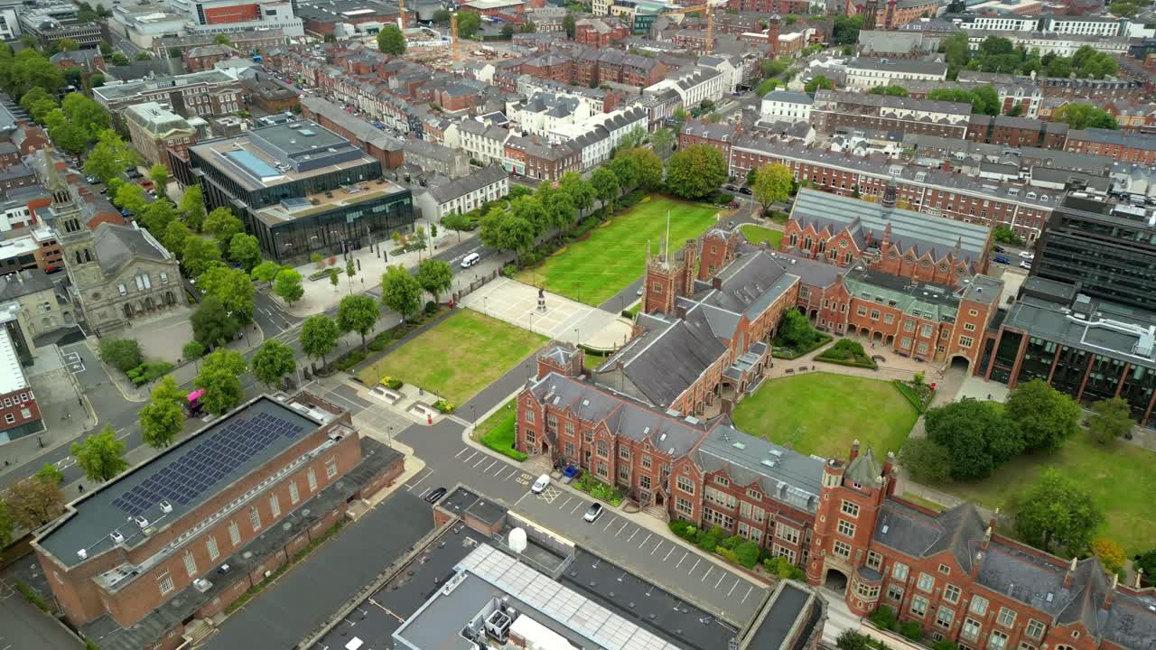 Wide rotating aerial video of Queen's University in Belfast, Northern Ireland in the UK. Filmed in 4K, 30FPS and with Rec709 color