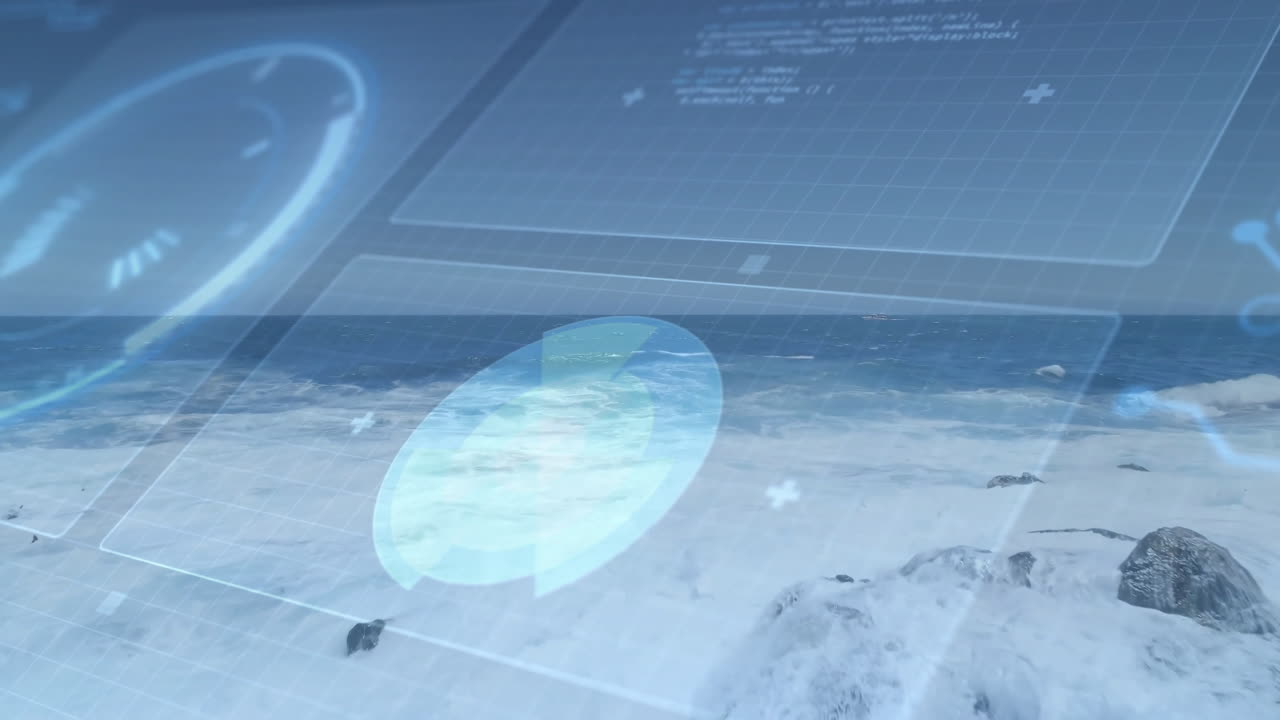 Digital interface animation over ocean waves crashing on rocky shore