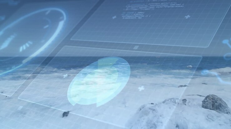 Digital interface animation over ocean waves crashing on rocky shore