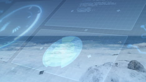 digital interface animation over ocean waves crashing on rocky shore