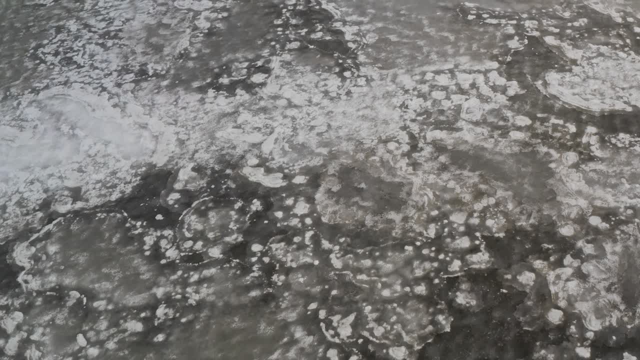 Frozen surface of lake. Aerial top-down