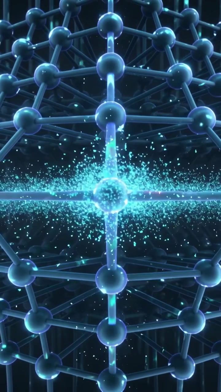 Video verticale: Barra trasversale che appare, scintilla un nodo centrale nel vuoto, reticolo che emette scintille ciano.