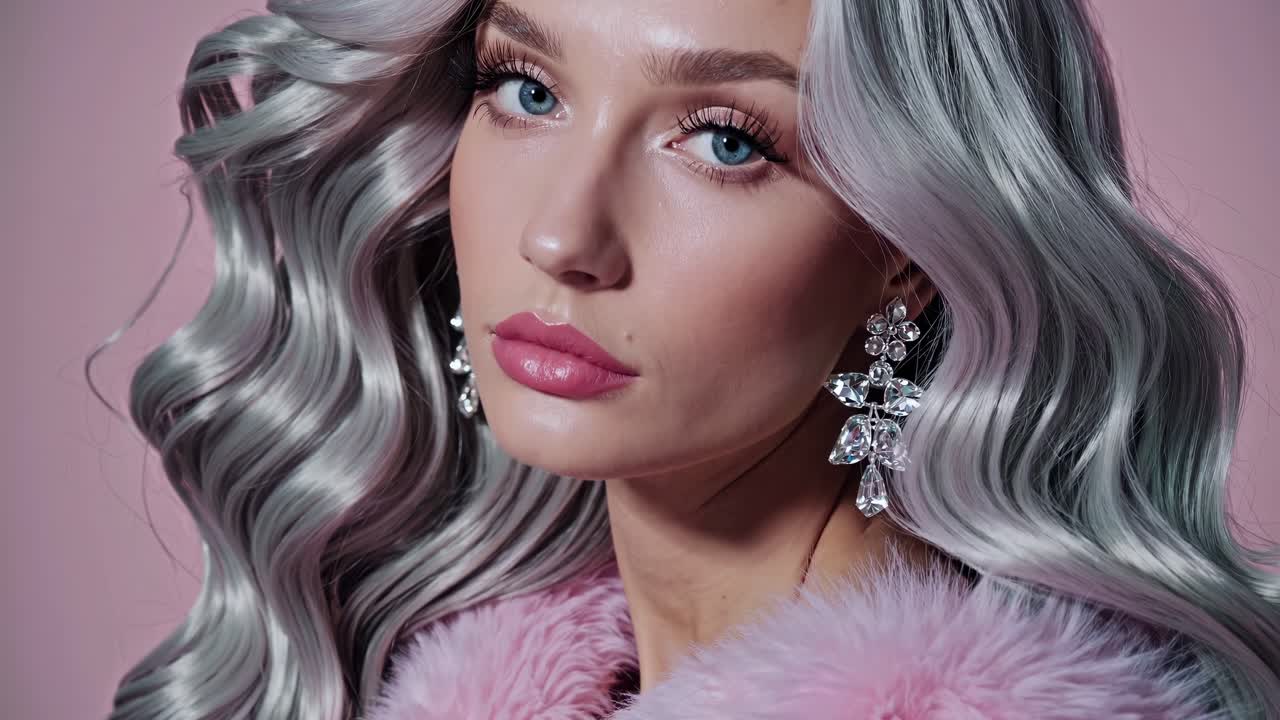 Studio portrait featuring a young glamorous woman with striking silver hair, adorned in pink fur and sparkling diamond earrings, elegantly posing against a vibrant pink background