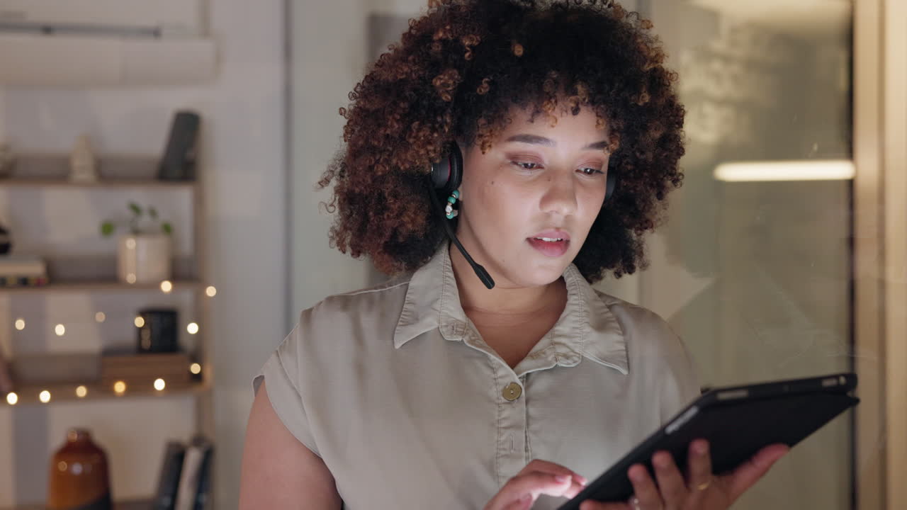Woman, tablet and consulting in call center