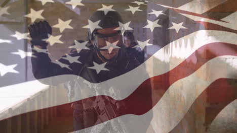 swat team member with american flag overlay, representing security and patriotism