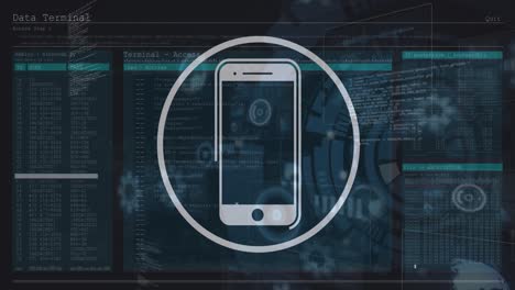 Animación-De-Teléfono-Inteligente-En-Círculo-Sobre-Pantalla-Digital-Con-Datos-Diversos