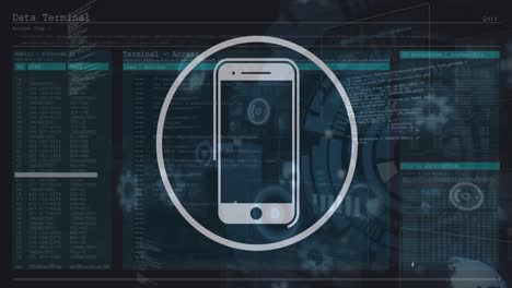 animación de un teléfono inteligente en círculo sobre una pantalla digital con diversos datos