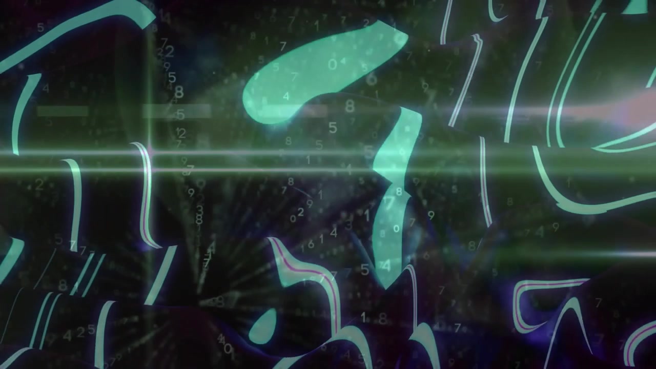 Visualizzazione dati animata in una scena digitale, con cifre numeriche fluttuanti e forme al neon.