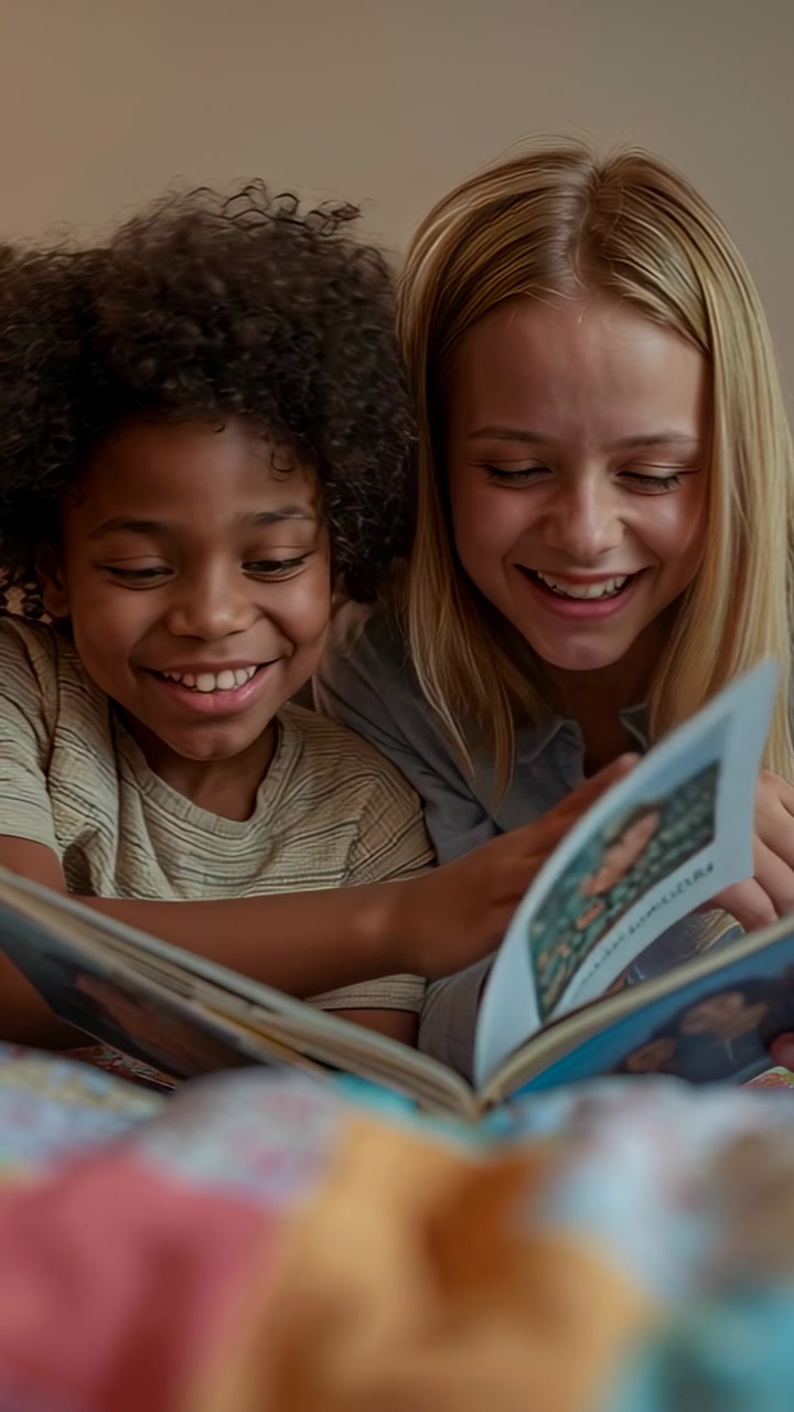 Vertical video: Two children tapping picture book, turning pages on bed, sharing learning joy