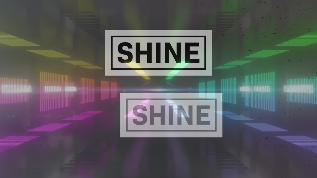 다채로운 왜곡 위에 검은색과 색 글자로 빛나는 텍스트의 애니메이션