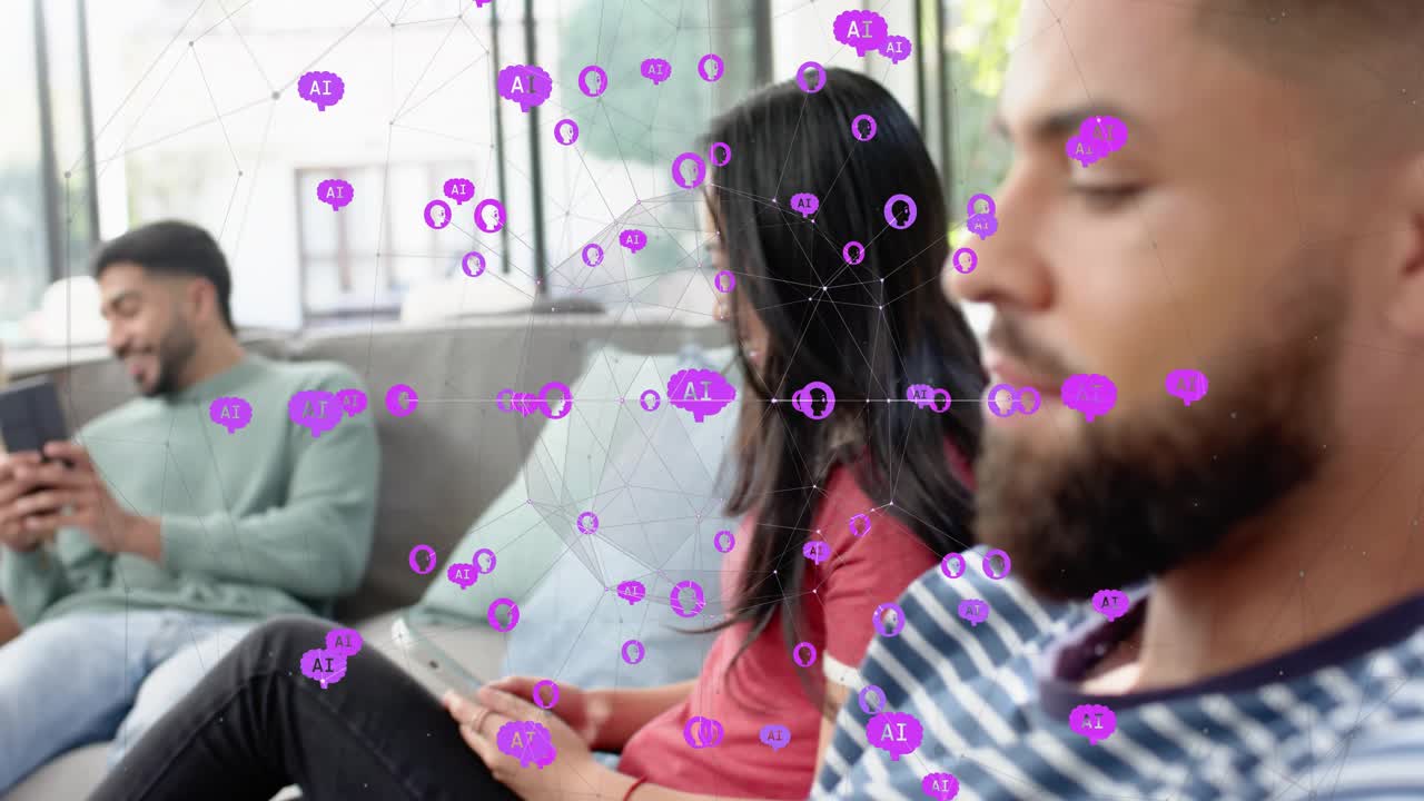 Front man tapping phone, initiating purple node overlay, connecting friends on sofa for app demo