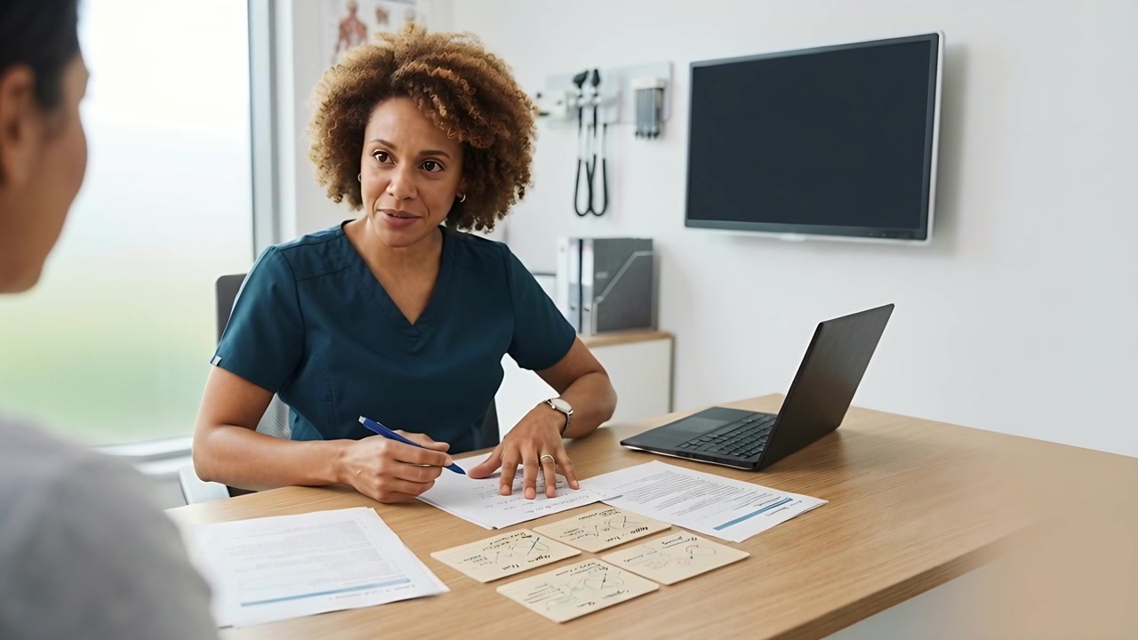 Writing nurse in teal scrubs filling forms with pen and cards at clinic desk, patient arriving