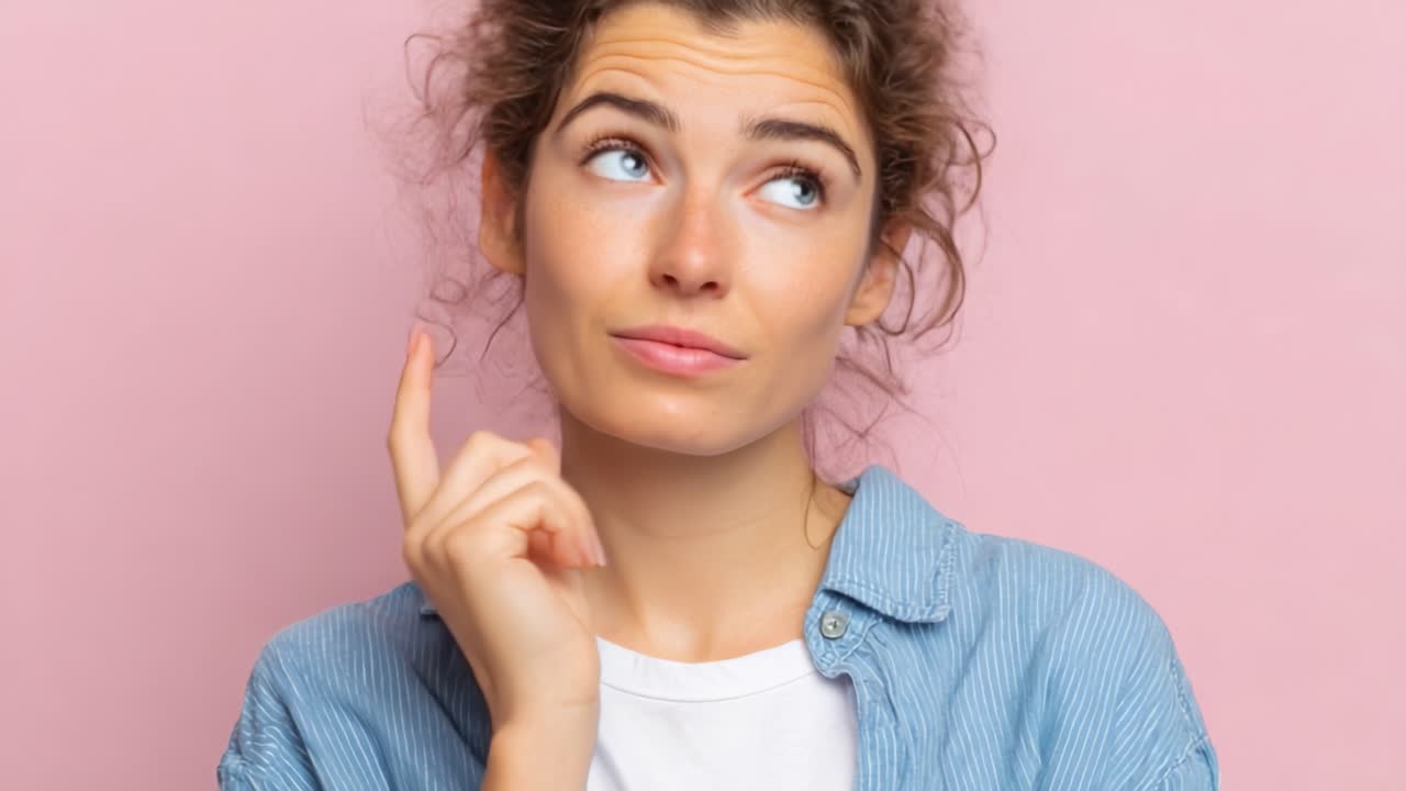 Una giovane donna che riflette con un'espressione pensierosa su uno sfondo rosa tenue, che rappresenta curiosità e riflessione in un ambiente vivace