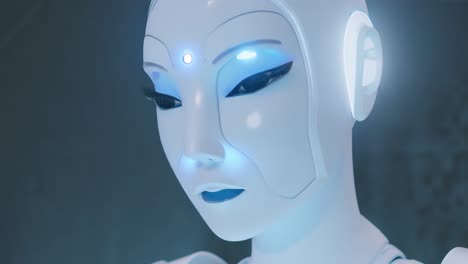 close-up portrait of a female robot with glowing blue eyes