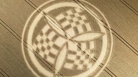 aerial view rising over golden hampshire unique trinity crop circle wheat field in south wonston 2023