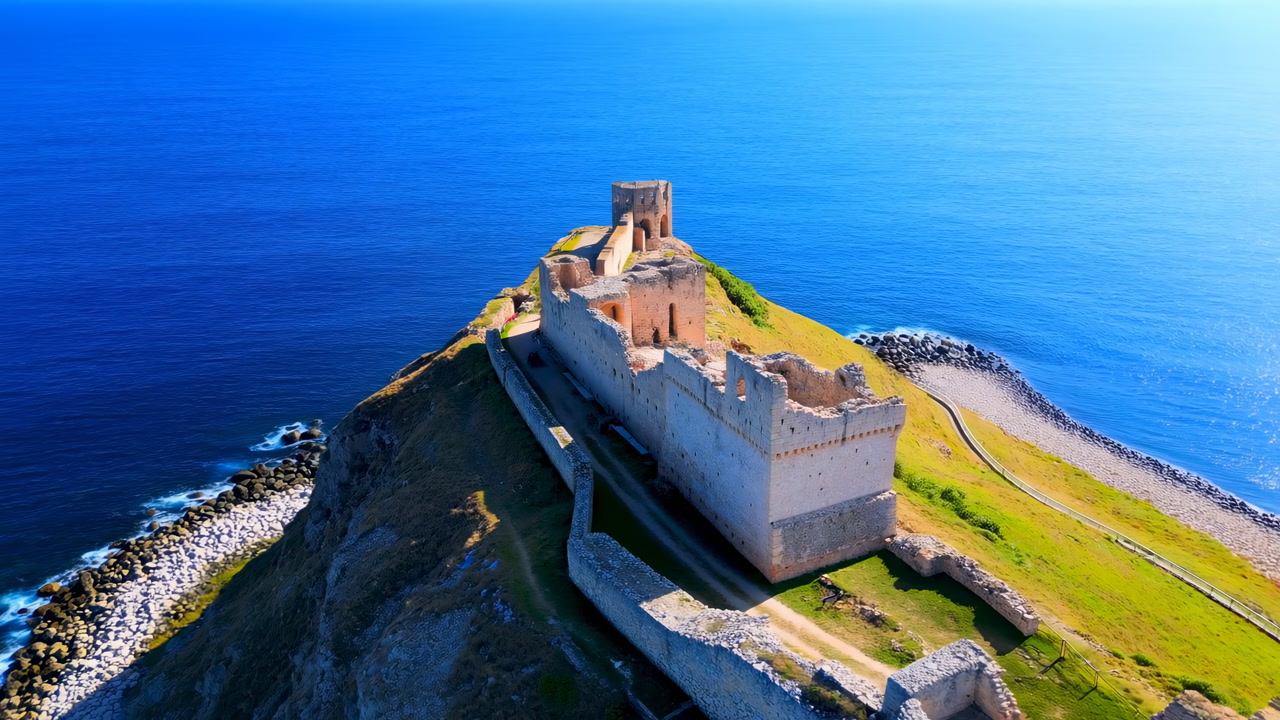 Aerial View Coastal Fortress Perched On Rugged Cliff Overlooking Deep Blue Ocean, Sunlight Glinting Off Waves,