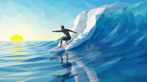 a surfer riding the waves at sunset, capturing the thrill of ocean sports and the beauty of nature in a vibrant abstract style