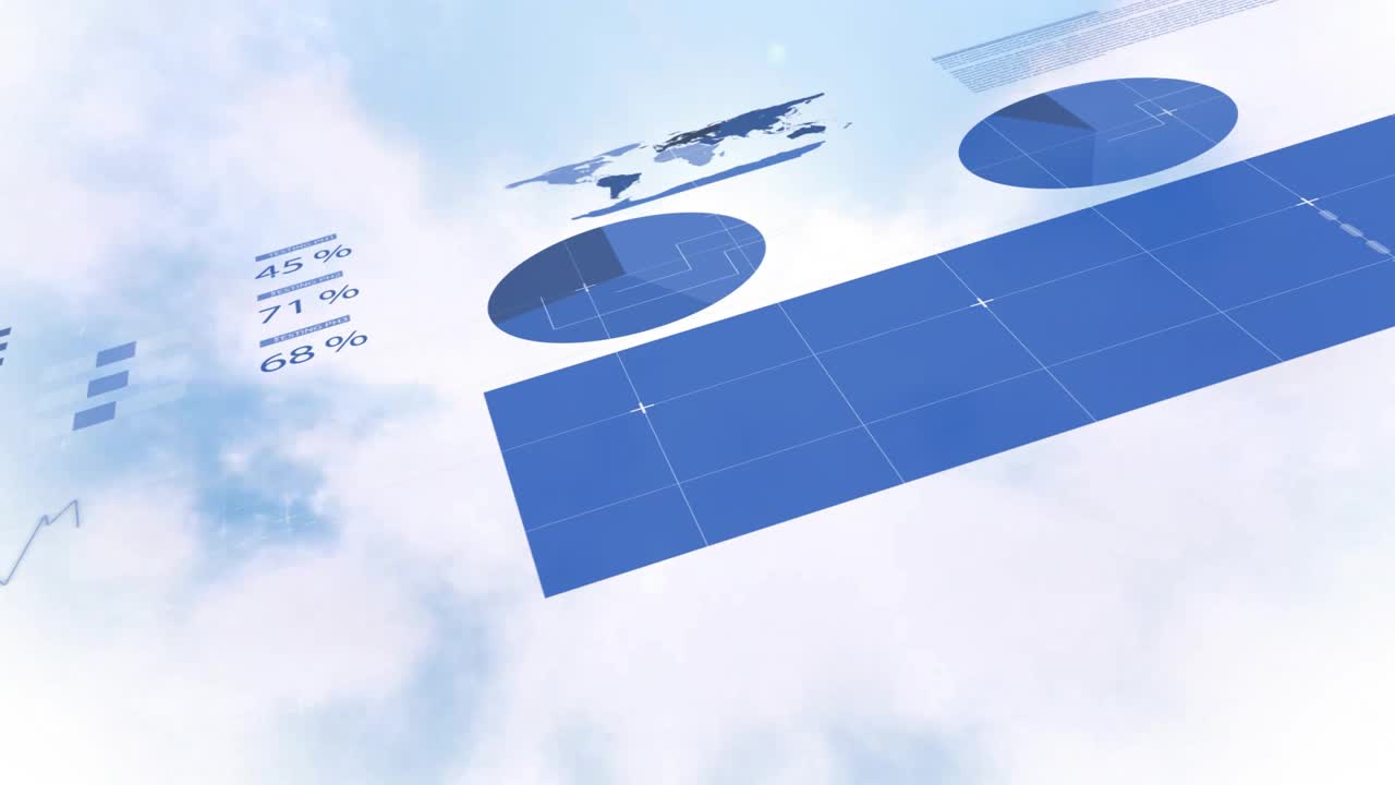 Floating blue data visualization elements drifting over cloudy sky in holographic interface