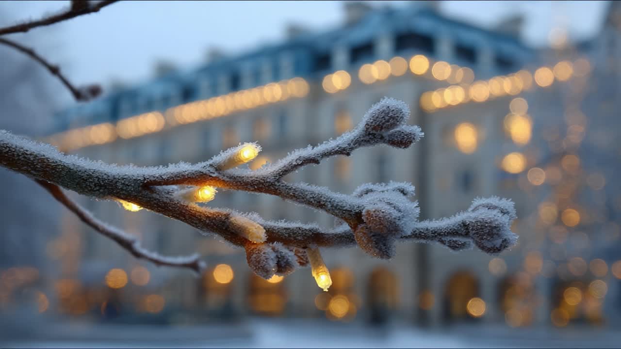 Enchanting Winter Scene Featuring Frosted Branches and Twinkling Lights Against a Softly Lit Building, Capturing the Magic of a Snowy Evening in a Serene Urban Environment