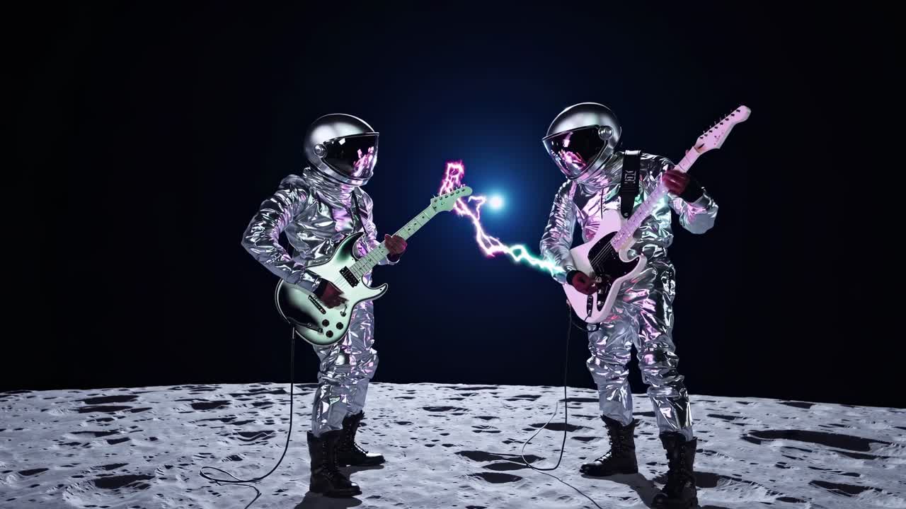 은색 우주복을 입은 두 명의 우주 비행사가 달 표면에 서서 전기 기타를 연주하고 다채로운 번개를 교환하고 있습니다.