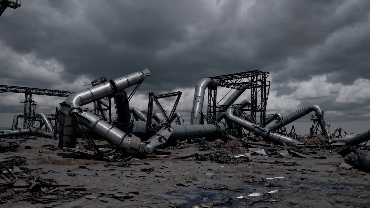Destroyed industrial pipelines and metal structures lying on the ground in an abandoned industrial area under a dark cloudy sky, creating a desolate and post apocalyptic scene