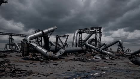 destroyed industrial pipelines and metal structures lying on the ground in an abandoned industrial area under a dark cloudy sky, creating a desolate and post apocalyptic scene