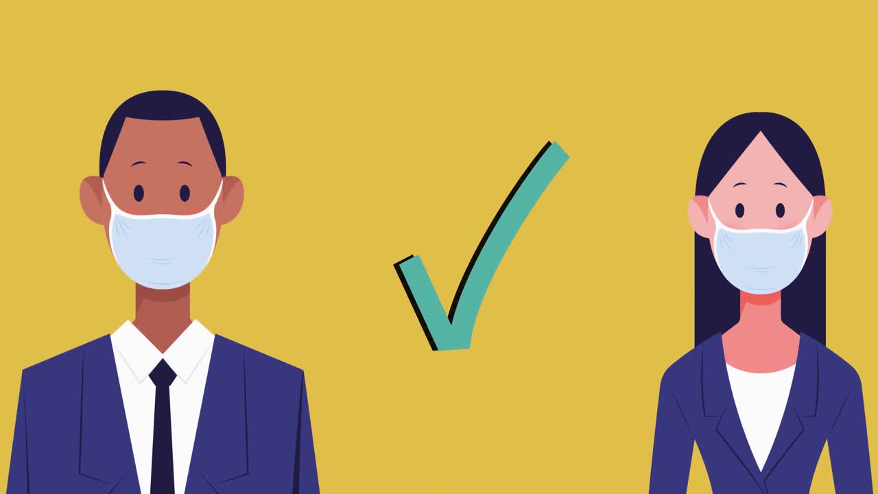 노란색 배경에 사회적 거리를 유지하는 마스크 아이콘을 착용한 사업가와 사업가