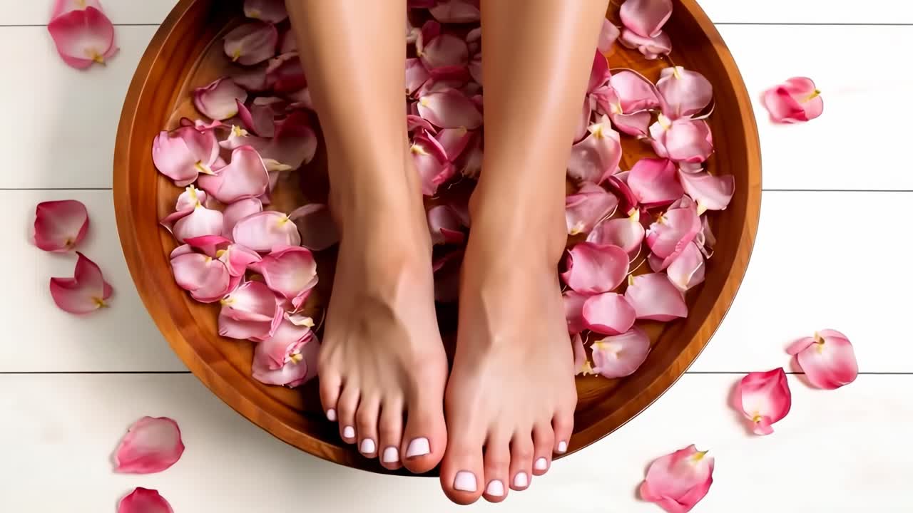 Top-down video shot of feet in a wooden bowl with pink rose petals, showcasing a spa-like, serene