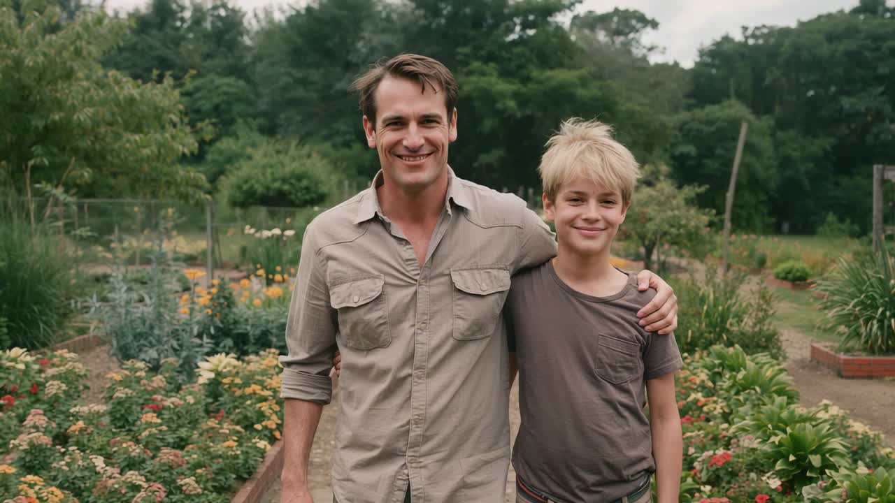 Eine Kamera filmt Vater und Sohn, die Khaki- und graue Kleidung tragen und in einem Garten mit Hochbeeten lächeln