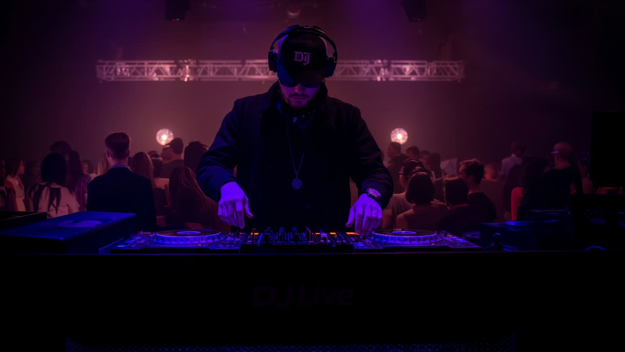 Responding to crowd growth, DJ in black cap headphones adjusting mixer, cueing tracks at nightclub