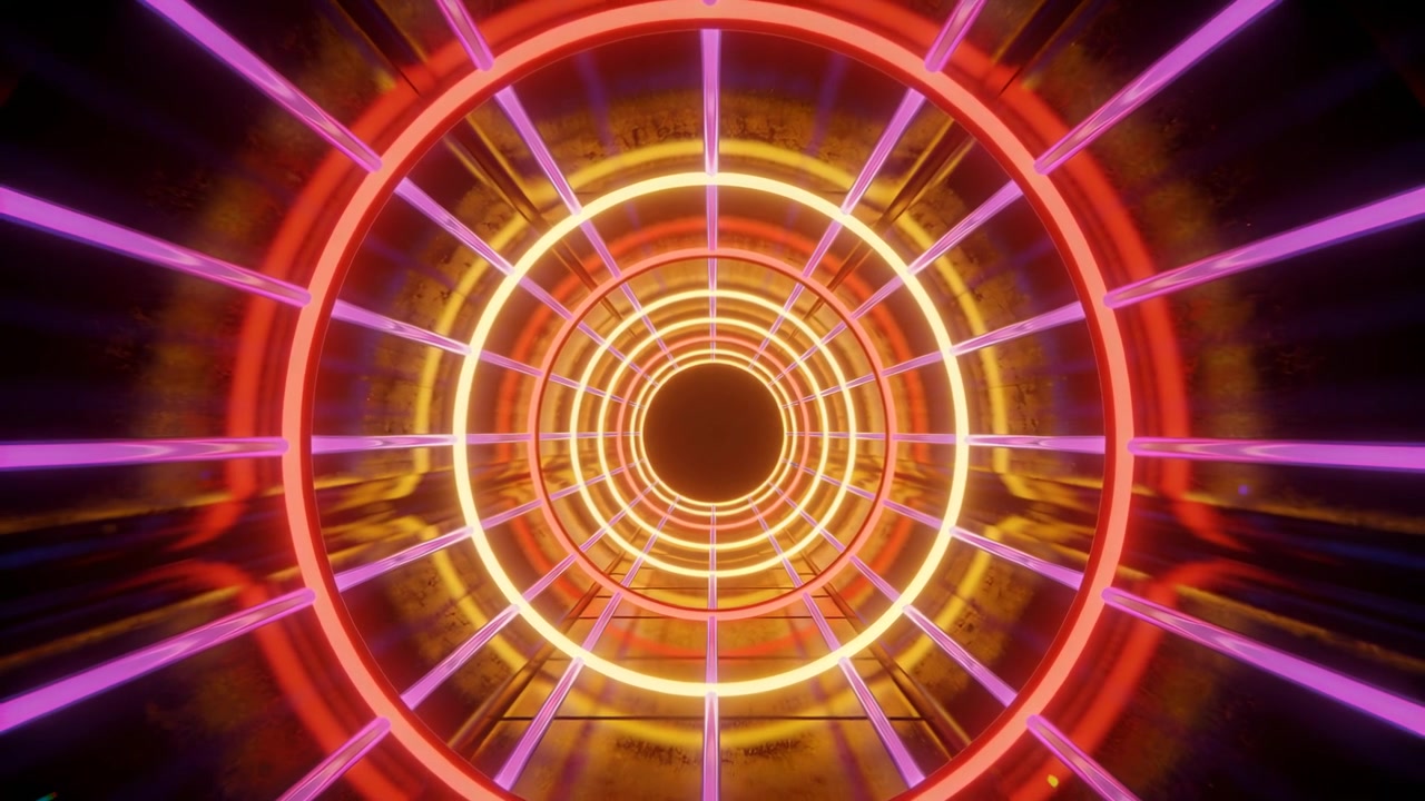 Inizia un tunnel luminoso ad anelli che si muove verso l'interno in un tunnel generato al computer verso un vuoto oscuro con raggi gialli