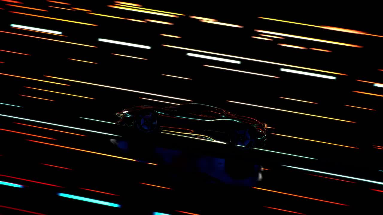 3D Speeding Sports Car On Neon. Powerful Acceleration Of A Supercar On A Night Track With Colorful Lights And Trails. 3D Animation