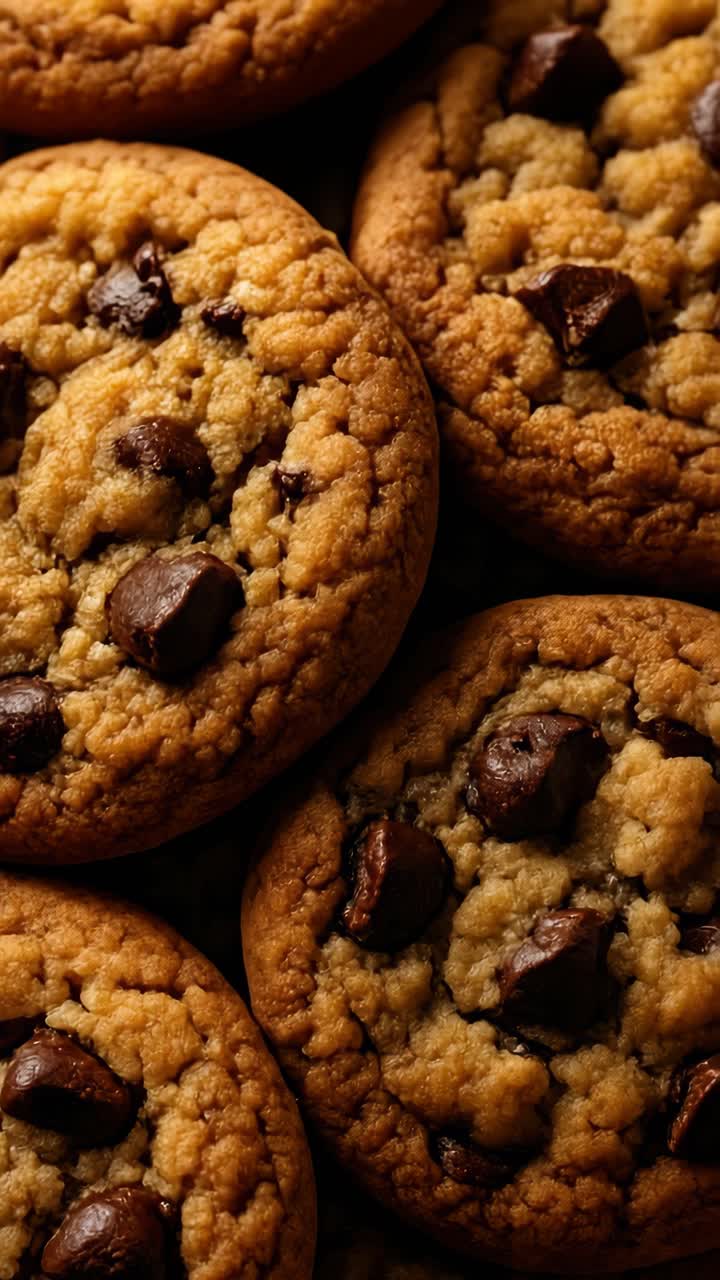 Close-up, top-down view of freshly baked chocolate chip cookies, showcasing texture and detail