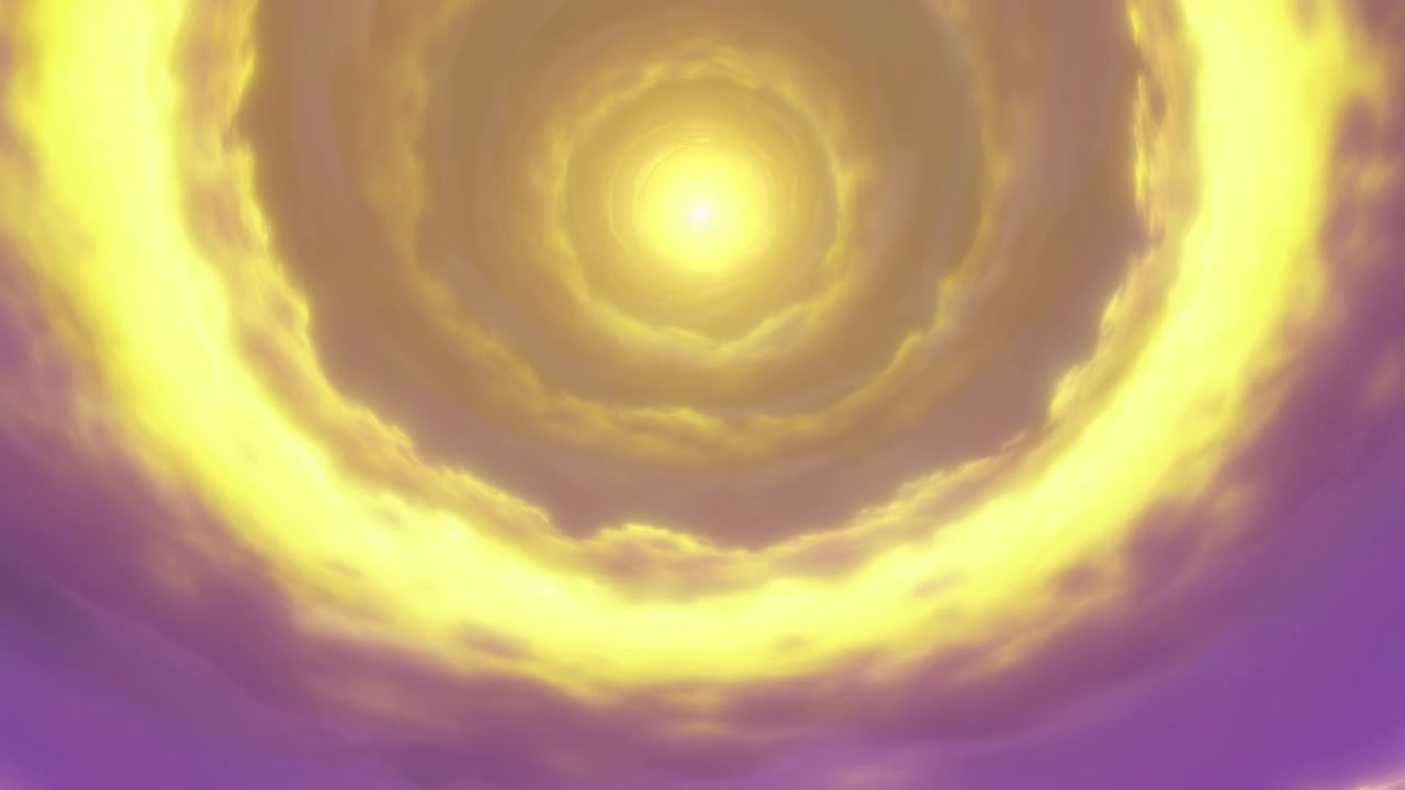 Circular purple cloudscape surrounds luminous golden center, forming abstract vortex with soft texture, warm glow, dreamlike cosmic mood, and upward view for surreal background use