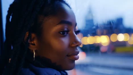 young woman commuting by tram gazes at the vibrant city lights through the window during a nighttime journey