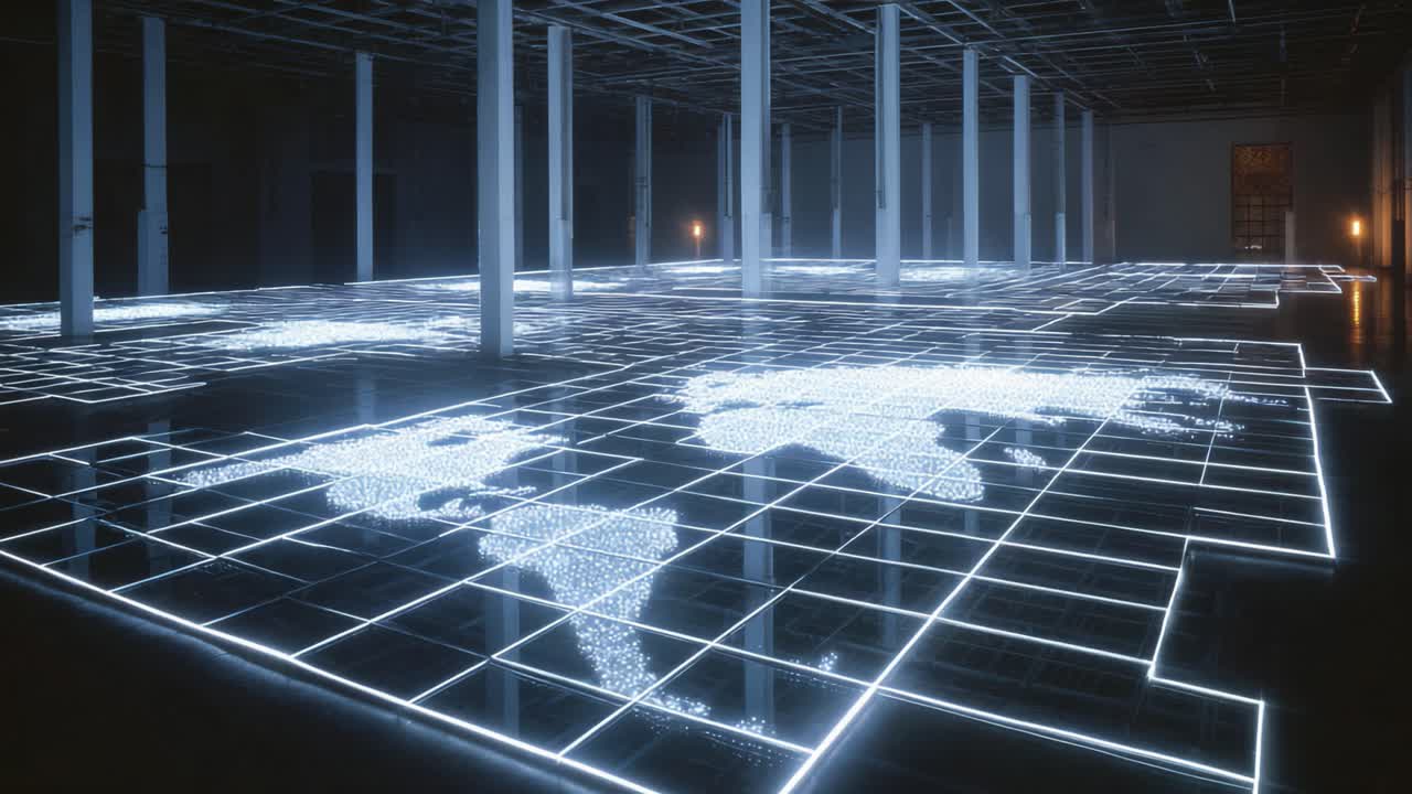 Digital world map made of glowing particles visualizing global data in a futuristic control room or modern warehouse. Technology, connection and international business concept for infographics