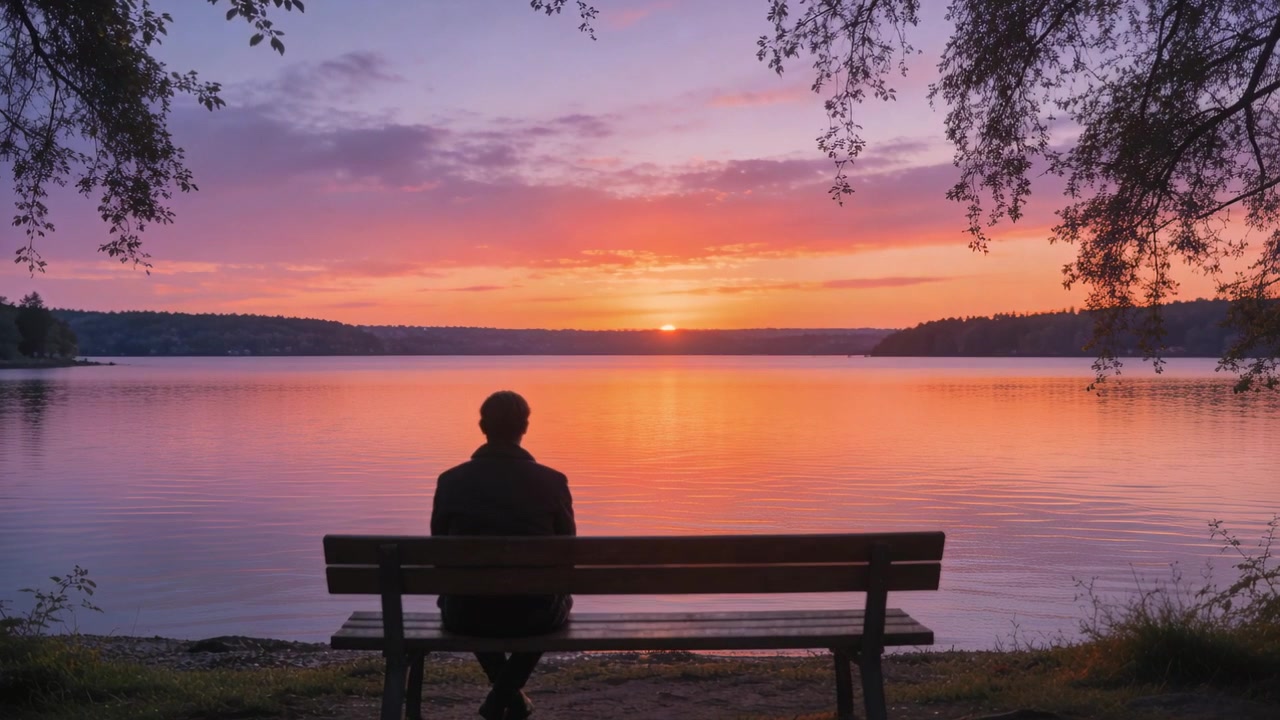 Sitting man watching sun sinking over lake on bench, observing sunset colors, wearing dark coat