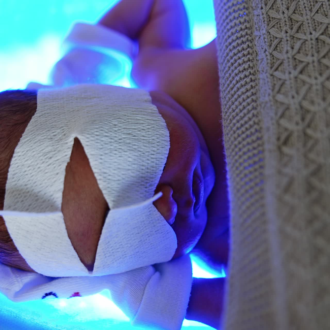 Newborn baby in bandage on eyes lies with hands behind head on UV lamp. Little child covered with blanket is treated from high level of bilirubin. Top view close up