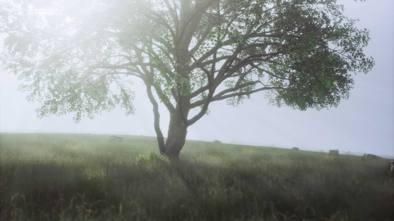 Dappled sunlight filtering through tree branches on a misty morning