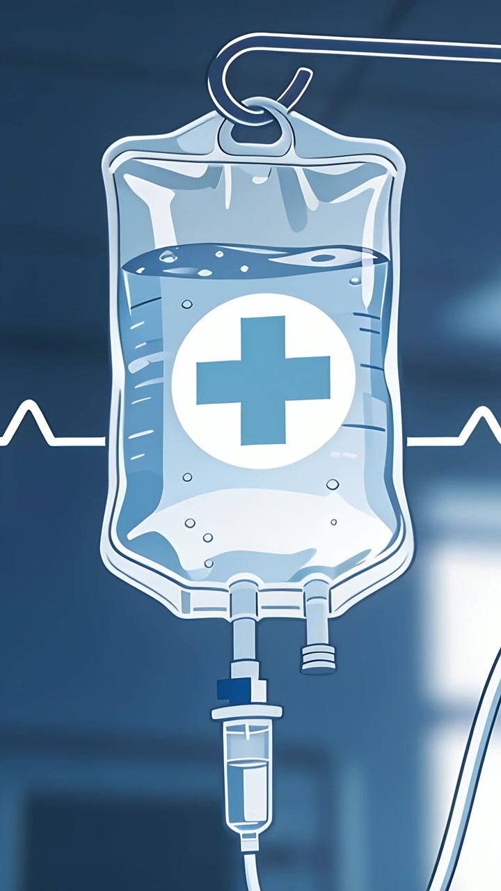 Video verticale: Sacca per flebo che oscilla a causa di una corrente d'aria in un reparto ospedaliero, mostrando bolle ed ECG.